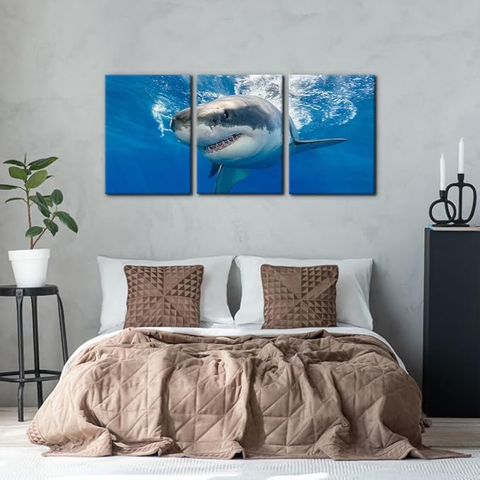 3 Piece Blue Wall Art Painting Great White Shark Catching Fish At Guadalupe Island Pictures Prints on Canvas Animal The Picture Decor for Home Modern Decoration for Living Room - 20"x28"x3 Panels