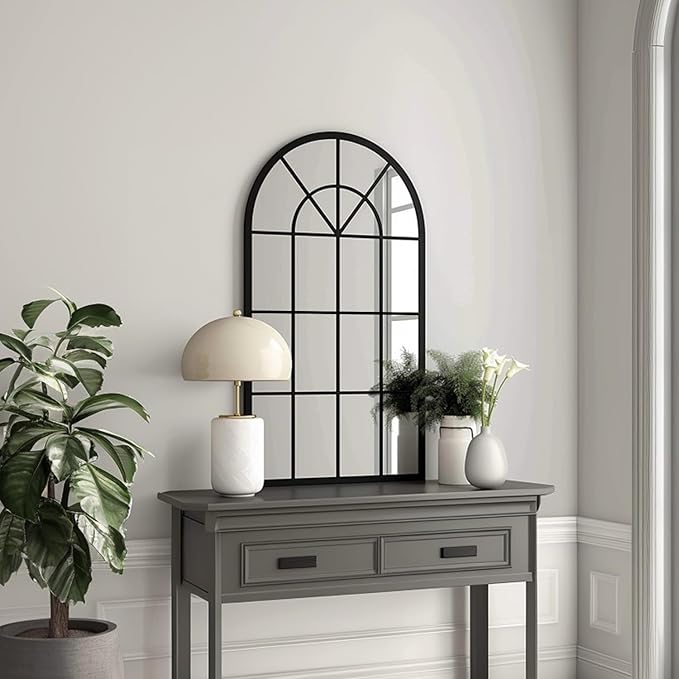 Dewfig Arch Wall Mirror Mounted Decorative, 24"x42", Arched Window Pane Mirror for Wall-Mounted for Entryway, Bathroom Vanity, Living Room or Bedroom, Iron Frame, Black