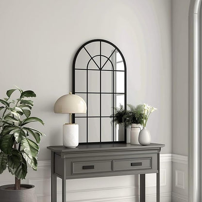Dewfig Arch Wall Mirror Mounted Decorative, 24"x42", Arched Window Pane Mirror for Wall-Mounted for Entryway, Bathroom Vanity, Living Room or Bedroom, Iron Frame, Black