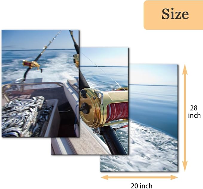 Pacimo 3 Pieces Canvas Wall Art Fishing Reels and Rods Pictures Prints Wall Decor for Living Room Angling Gallery-Wrapped Modern Artwork White Sea Wave Paintings Bedroom House Decor Framed - 20"x28"x3