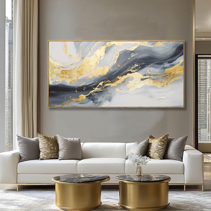 Framed Canvas Pictures Gold Wall Art Abstract Wall Art Blue Decor Metal Arts Large Prints Picture 24"x48" Artwork for Living Room Gallery Office