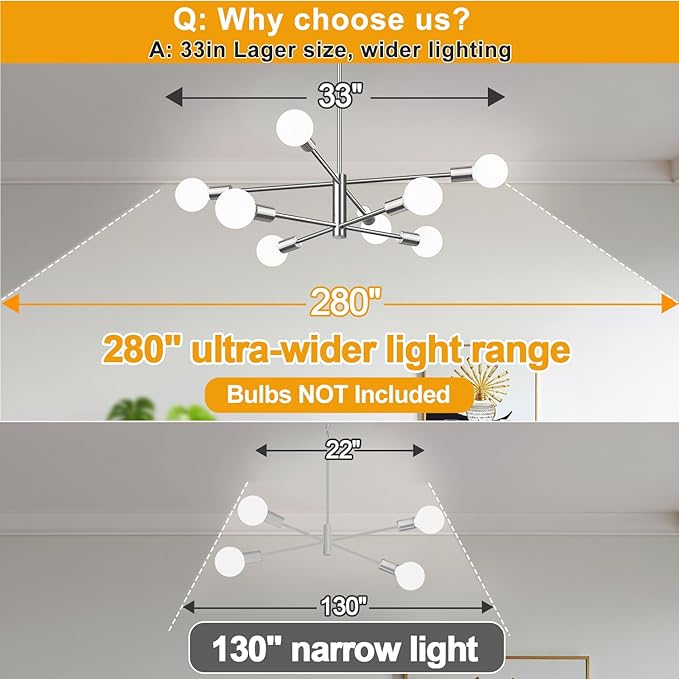 10.9"-52.3" Height Adjustable Sputnik Chandeliers Dining Room Light Fixture (8-Light, 30-Inch), Modern Brushed Nickel Chandelier, Mid Century Modern Chandeliers for Dining Room (Bulbs Not Included)