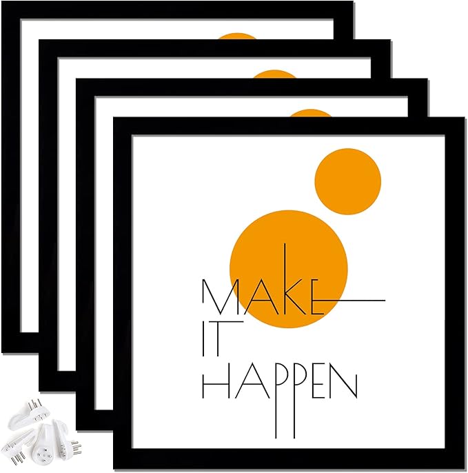 12x12 Picture Frame Set of 4, Black 12 x 12 Frame High Transparent Wall Gallery Poster Canvas Photo Frames for 12 by 12 inches