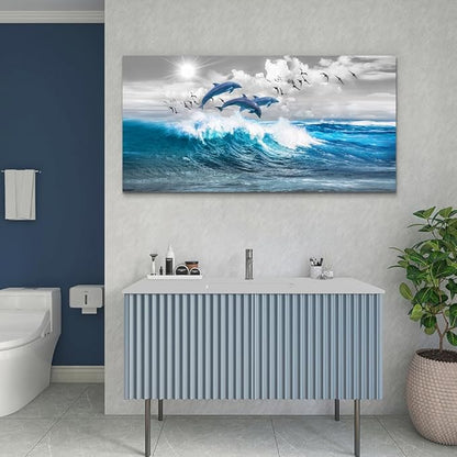 Wapluam Wall Decor For Living Room Large Canvas Wall Art For Bedroom Blue Wave Of The Sea Pictures Artwork Modern Office Canvas Print Dolphins Wall Paintings Ready To Hang Stretched and Framed