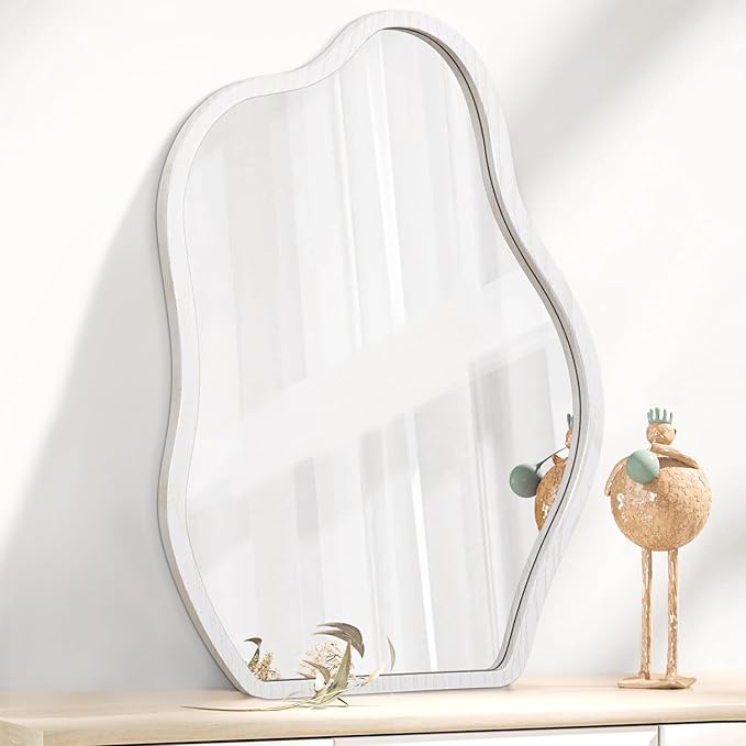 Irregular Mirror for Wall Decor White Modern Asymmetrical Small Mirrors Wooden Framed Hanging Wall Unique Shape Vanity Cloud Mirror Decorative for Living Room Bedroom Bathroom Entryway