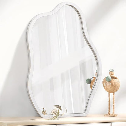 Irregular Mirror for Wall Decor White Modern Asymmetrical Small Mirrors Wooden Framed Hanging Wall Unique Shape Vanity Cloud Mirror Decorative for Living Room Bedroom Bathroom Entryway