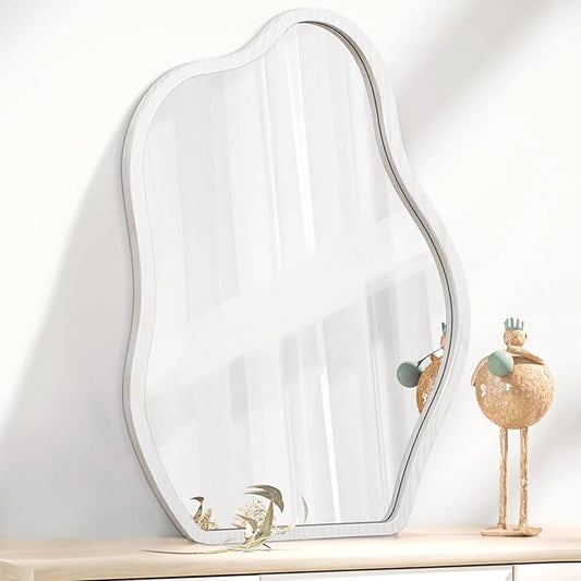 Irregular Mirror for Wall Decor White Modern Asymmetrical Small Mirrors Wooden Framed Hanging Wall Unique Shape Vanity Cloud Mirror Decorative for Living Room Bedroom Bathroom Entryway
