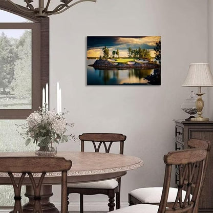 chenchenArt Sunset Landscape Golf Course Wall Art Picture Golf Course Wall Decor for Living Room Bedroom Bathroom Home Decorations Canvas Prints Framed Ready to Hang(28''H x 44''W)