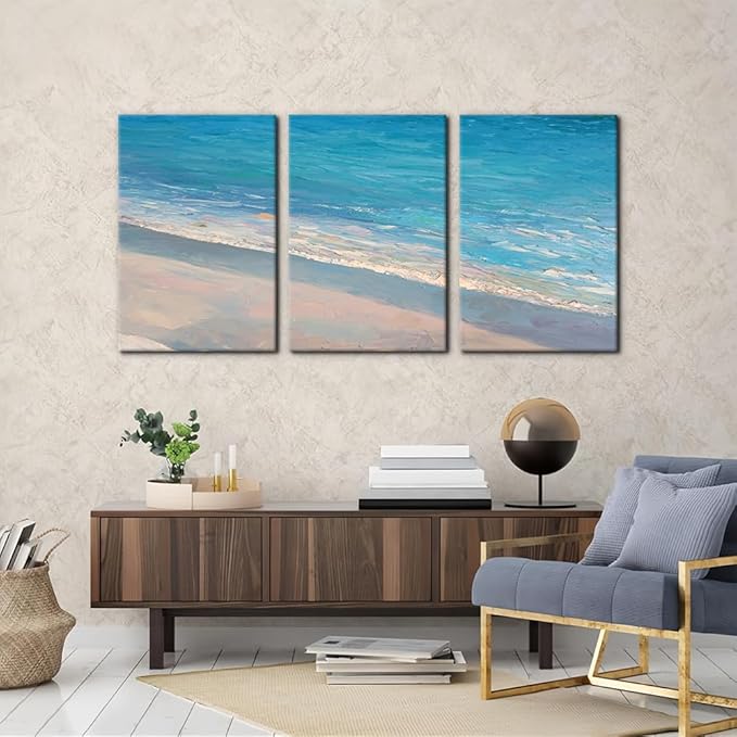 Pacimo - 3 Panels Canvas Wall Art Decor - Oil Painting Style Seascape with Waves on The Beach - Giclee Modern Artwork Prints on Canvas Gallery Wrap Home Decor Stretch Framed Ready to Hang - 16"x24"x3