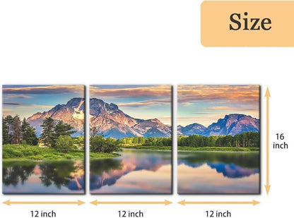 Pacimo Nature Canvas Wall Art Sunset Sunrise Mountain Pictures Grand Teton National Park Canvas Print River Forest Landscape Artwork for Living Room Bedroom Home Office Wall Decoration - 12"x16"x3