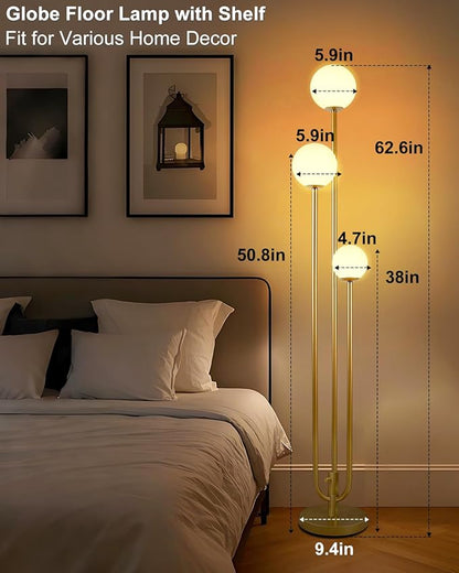Lightdot 63IN Gold Floor Lamp Dimmable 3-Lights Globe LED Floor Lamps with 3000K Soft Warm White for Wedding/Party Tall Lamp with 5Lbs Heavy Base for Living Room/Bedroom/Sofa Beside/Corner Decor