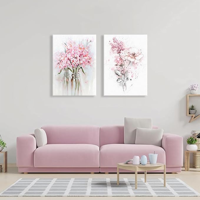 Pink Floral Canvas Wall Art, Pink Framed Wall Art, Butterfly Grey Leaf Canvas Prints, Floral Art Paintings for Bedroom, Bathroom, Office Art Prints Ready to Hang12x16 Inches.