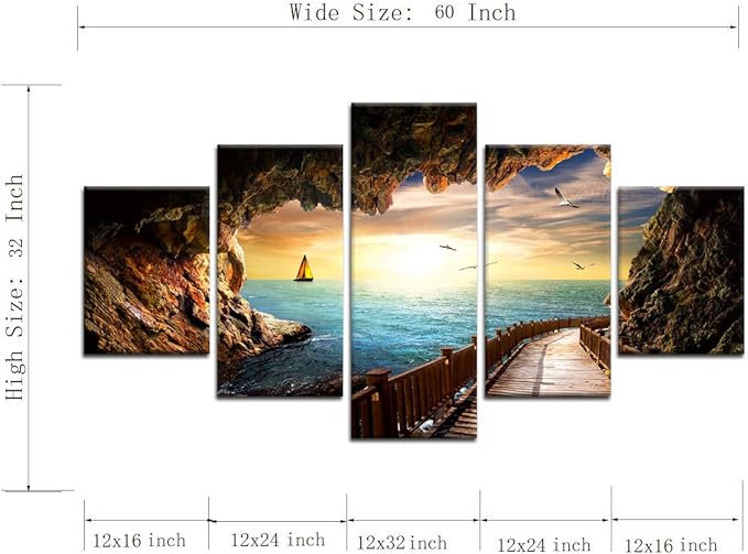 Sunset Seagulls Stone Scene Landscape Picture Modern Painting on Canvas 5 Piece Framed Wall Art for Living Room Bedroom Kitchen Home Decor Stretched Gallery Canvas Wrap Giclee Print (60’’W x 32’’H)