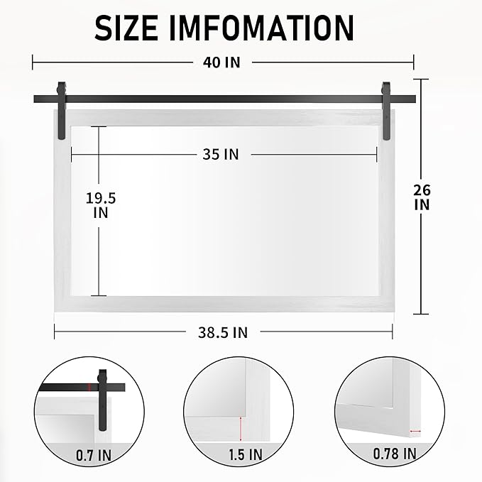 PAIHOME Large White Bathroom Mirror, Farmhouse Horizontal Rustic Square Mirror for Wall Wood Framed Vanity Mirrors, Barn Door Style Decor Living Room Entryway Bedroom Mirrors, 40x26INCH