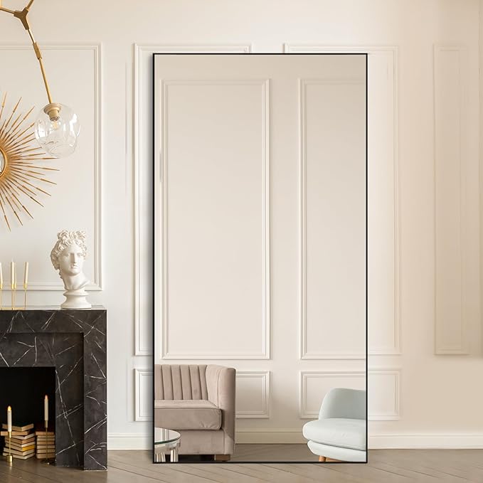 Beauty4U Full Length Mirror 76" x 34", Large Floor Mirror with Stand, Wall Mounted or Leaning, HD Tempered Glass Full Body Mirror for Bedroom, Living Room, Entryway, Black Frame