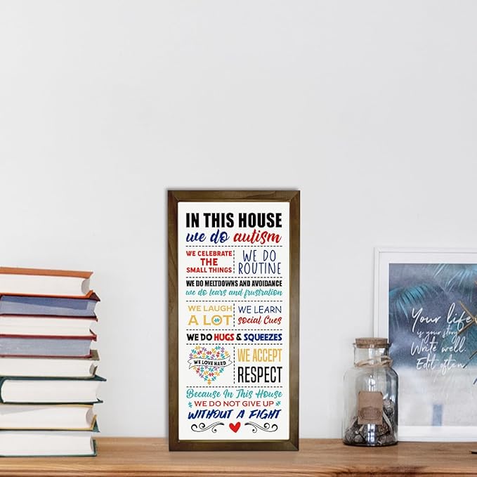 Rustic Autism Awareness Sign, Autism's Room Wall Decor, Autism's Family Home Decor, Wooden Framed Wall Decors, Classroom Decoration, In This House We Do Autism Sign, 15×7.5×0.3 inches
