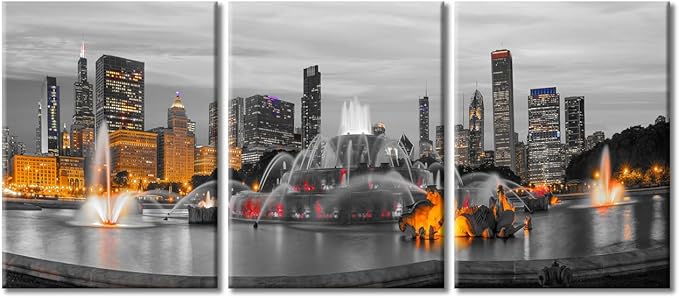 TUMOVO 3 Pieces Home Decor American Cityscape Wall Art Chicago Skyline Panorama with Skyscrapers and Buckingham Fountain at Twilight Bedroom Decor Wall Art Framed Ready to Hang (36" Wx16 H)
