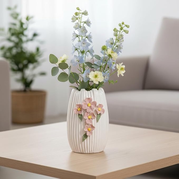 White Ceramic Flower Vase, 7 Inch Small Boho Vase for Pampas Grass, 3D Floral Modern Vases Home Decor, Wedding, Valentine, Dining Table Decoration, Bedroom Decor