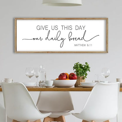 FZMHASLWW Dining Room Wall Decor Bible Verse Give Us This Day Our Daily Bread Christian Sign Plaque 32"×12" Matthew 6:11 for Farmhouse Kitchen Large Rustic Vintage Horizontal Wall Hanging Art (Wood)