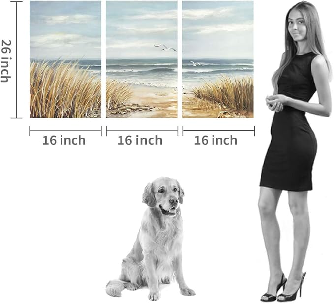 Abstract Beach Canvas Wall Art: Seashore Grasses Artwork Print Seascape Painting for Walls (26'' x 16'' x 3 Panels)