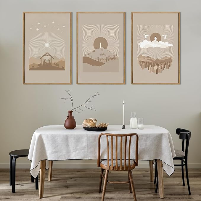 IARTTOP Jesus Christian God Framed Wall Art Large 16x24 Inch Nativity Religious Canvas Wall Decor Grey Brown Catholic Artwork for Church Living room Dining room Set of 3