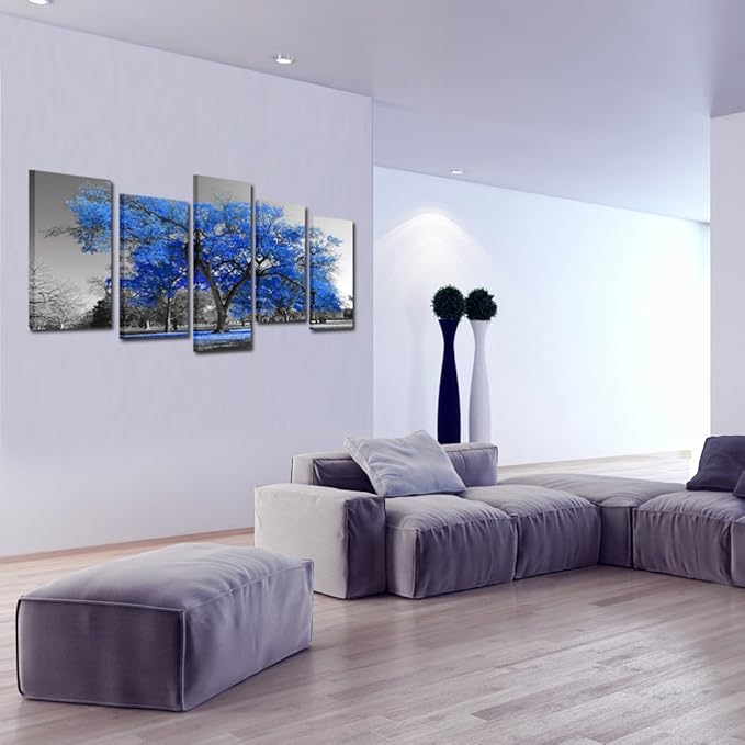 KREATIVE ARTS Canvas Print Wall Art Painting Contemporary Blue Tree In Black And White Style Fall Landscape Picture Modern Giclee Stretched And Framed Artwork (Large Size 60x32inch)