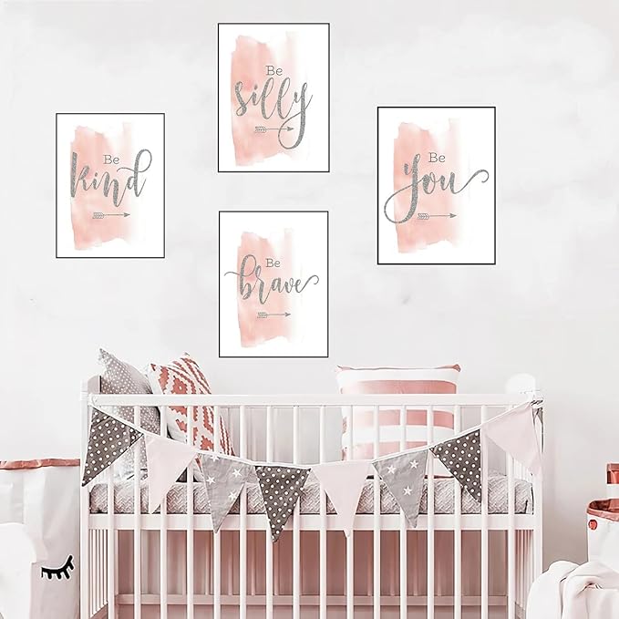 Set of 4 Teen Girl Framed Wall Art Canvas Painting Be Brave Inspirational Quotes Print Blush Grey Poster Picture Nordic Girls Bedroom Decor