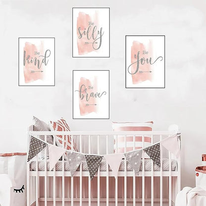 Set of 4 Teen Girl Wall Art Canvas Painting Be Kind Inspirational Quote Print Blush Grey Wall Picture Nordic Poster for Girls Bedroom Decor Home Living Room