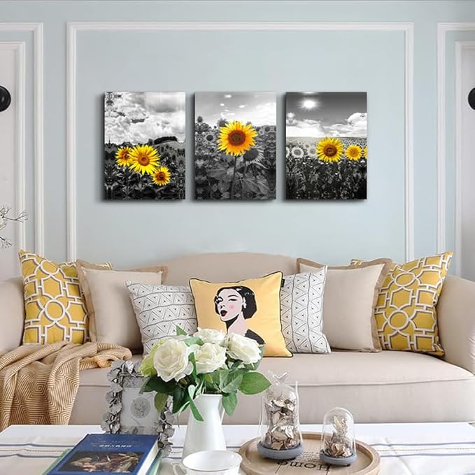 Lapremoly Large Canvas Wall Art For Living Room Decoration For Bedroom Black And White Sunflower Flowers Painting Framed Wall Decor For Kitchen Bathroom Modern Artwork Home Decor Pictures