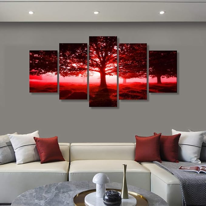 Ephany Modern Red Tree Wall Art - Landscape Picture Canvas Print, 80"x40" (5pcs) for Living Room Decorations