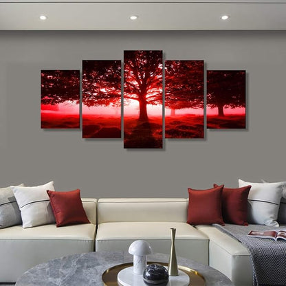 Ephany Modern Red Tree Wall Art - Landscape Picture Canvas Print, 80"x40" (5pcs) for Living Room Decorations