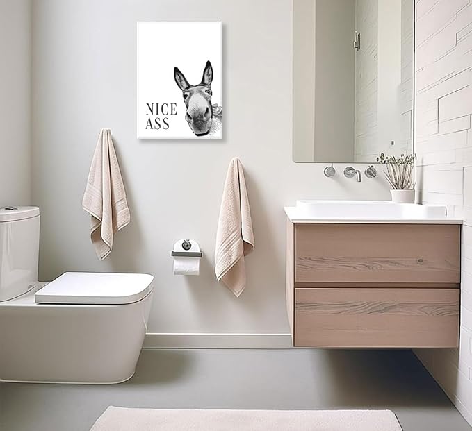 Funny Donkey Posters, Nice Ass Pictures, Funny Animal Paintings Artwork, Bathroom Black And White Paintings Wall Art, Toilet Black & White Wall Art Wall Decor, Art Prints For Bathroom Toilet 12x16 Inches. Unframed