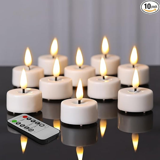 Eywamage White Flameless Wax Tealights with Remote Batteries, Flickering LED Tea Votive Candles Set of 10