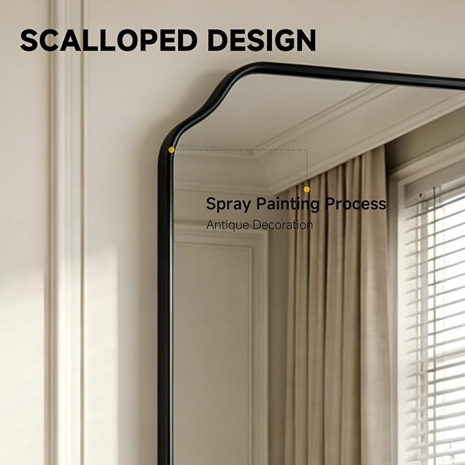 Black Wall Mirror 36"x24", Scalloped Edge Vanity Mirror - Hangs Vertically/Horizontally Decorative Bathroom Mirror for Vanity, Bedroom & Entryway, Aesthetic Bathroom Decor