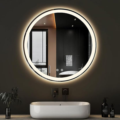 DUMOS 28 Inch Round LED Bathroom Mirror with Lights, Circle Vanity Mirror with Anti-Fog, Dimmable, 3-Color Light, Front Light and Backlit, Memory Function, Tempered Glass