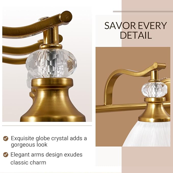 ANDY STAR Bathroom Light Fixture, 3-light Brass Vanity Light, Vintage Bathroom Lights Over Mirror with Crystal Beads, Wall Sconce Lighting with Frosted Milky Glass Shade, E26 Base (Bulbs Not Included)