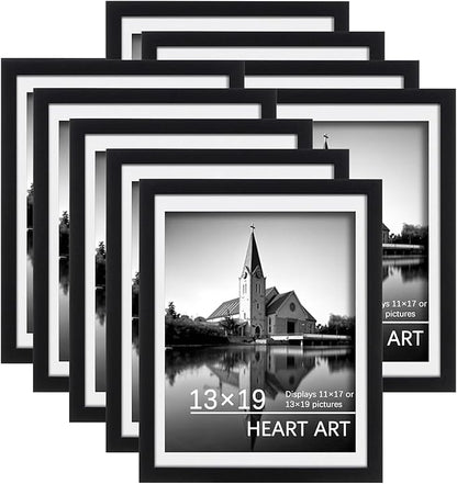 HEART ART Frame, Picture Frame Set of 9 13x19 inches with Mat for 11x17, Gallery Wall Design, Black