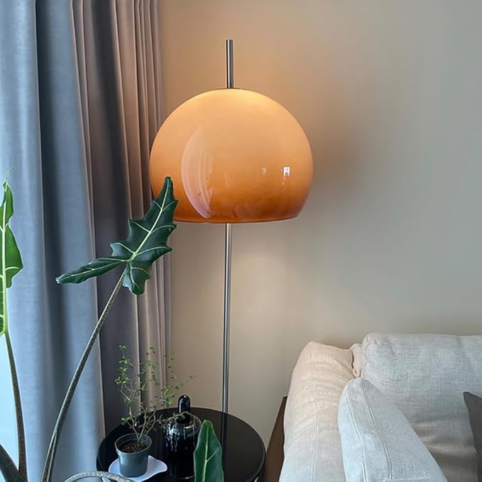 Glass Floor Lamp, Industrial Standing Lamp with Orange Dome Shade, Mid Century Tall Pole Standing Accent Lighting for Office Living Room Bedroom