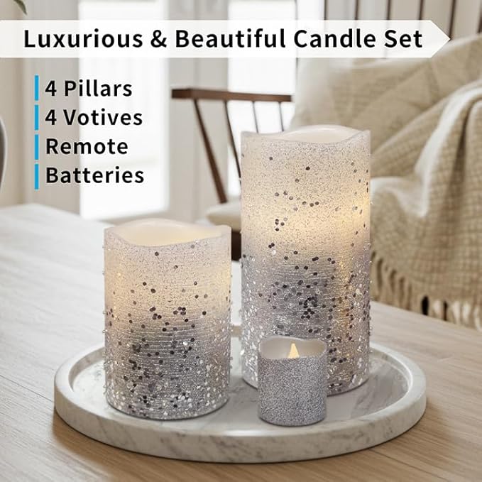 FURORA LIGHTING Silver Glitter Flameless Candles - Real Wax, Adjustable Brightness, Remote & Timer - 4 Pillars (3x4, 3x6) and 4 Votives, 8-Pack, Battery Operated