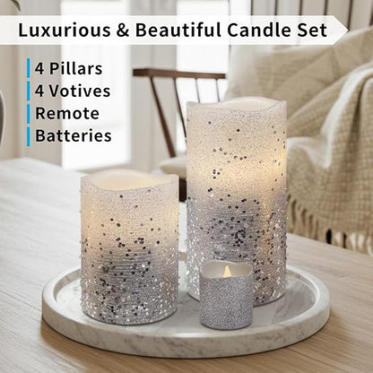 FURORA LIGHTING Silver Glitter Flameless Candles - Real Wax, Adjustable Brightness, Remote & Timer - 4 Pillars (3x4, 3x6) and 4 Votives, 8-Pack, Battery Operated