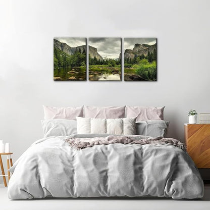 Yosemite National Park Canvas Wall Art Decor 3 Pieces Landscape Wall Art Clear Water Lake Mountain Pictures Painting Prints on Canvas Modern Decoration Stretched Framed Ready to Hang - 12"x16"x3 Panel