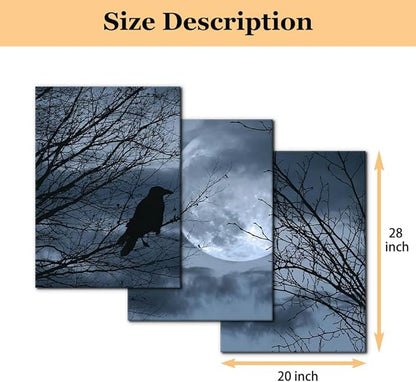 Pacimo 3 Pieces Canvas Art Wall Decor Full Moon Halloween Pictures Black and White Wall Art Painting Prints on Canvas Modern Artwork Stretched and Framed Ready to Hang - 20"x28"x3 Panel