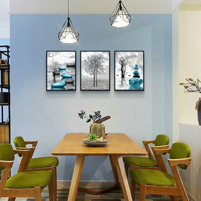 Black Framed Canvas Wall Art for Living Room Wall Decor for Bedroom Bathroom Black and White Paintings Modern 3 Piece Framed Canvas Art Prints Ready to Hang Abstract Blue Pictures Home Decorations