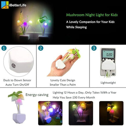 iBetterLife LED Smart Sensor 0.6W Color Changing Plug-in Night Lights for Kids Adults Cute Mushroom Bedroom Home Decor Light Wall Lamps