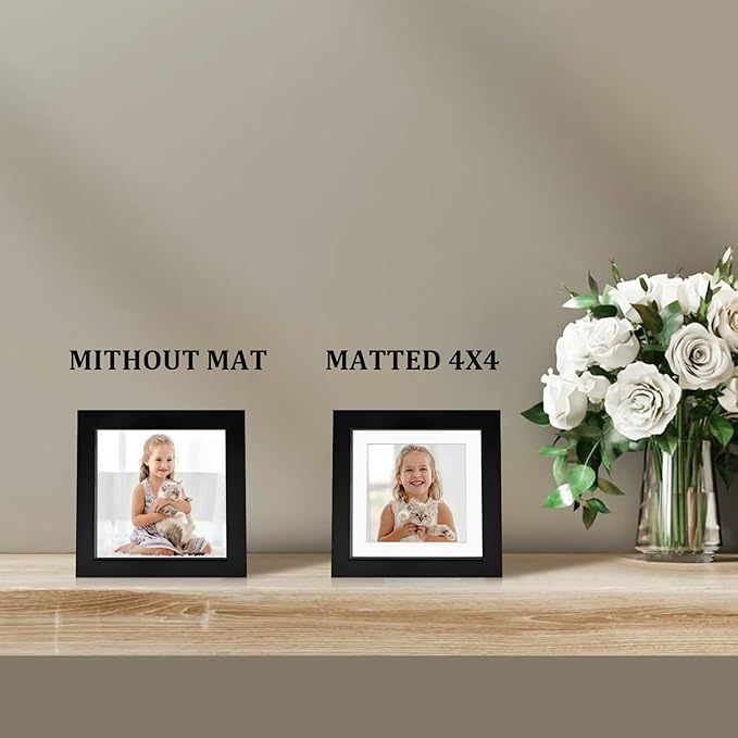 Egofine 5x5 Picture Frames Set of 4, Made of Solid Wood Covered by Plexiglass Display 4x4 with Mat or 5x5 without Mat, for Table Top Display and Wall Mounting Photo Frame, Black