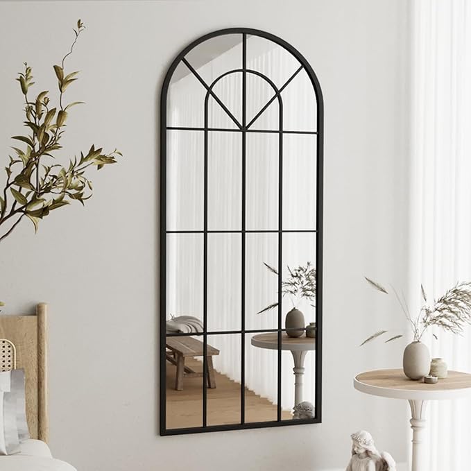 Full Length Mirror, 71"x32" Oversized Floor Mirror Full Length, Large Body Arched Wall Mounted Window Pane Mirrors, Standing Mirrors Hanging or Leaning for Bedroom (Black)