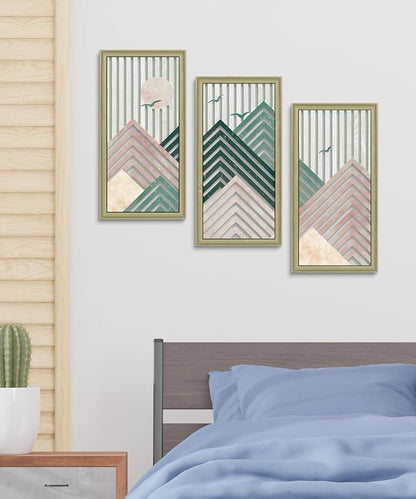 Putuo Decor Boho Mountain Wall Decor Set of 3, Rustic Farmhouse Wooden Wall Art, Nature-Inspired Geometric Artwork, Mid-Century Modern Aesthetic for Living Room Bedroom Entryway, Pink