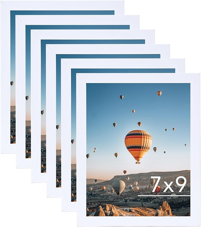 JCJMY 7x9 Picture Frame Set of 6 White for Wall Hanging or Tabletop- Wall Mounting Horizontally or Vertically, 7 x 9 Wall Gallery Poster Photo Frames for 7 by 9 Photo,6 Pack, White