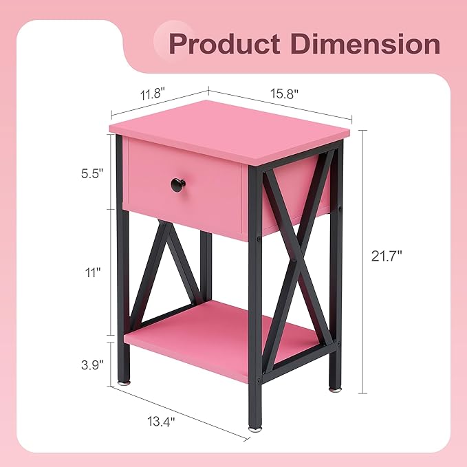 VECELO Nightstand,Modern Bedside End Table, Night Stand with Drawer and Storage Shelf for Living Room Bedroom, Industrial Metal Frame