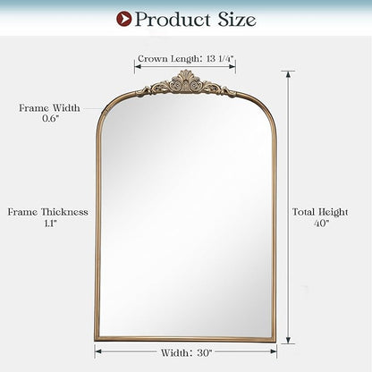 30" x 40" Antique Gold Arched Mirror for Wall, Vintage Brass Bathroom Tempered Mirror with Metal Frame, Bronze Ornate Gold Vanity Mirror for Entryway, Mantel, Powder Room